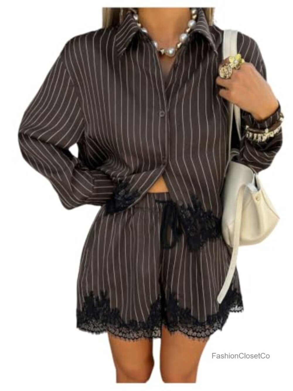 Women's Striped Lace Trim 2 Piece Set Long Sleeve Button Down Shirt &